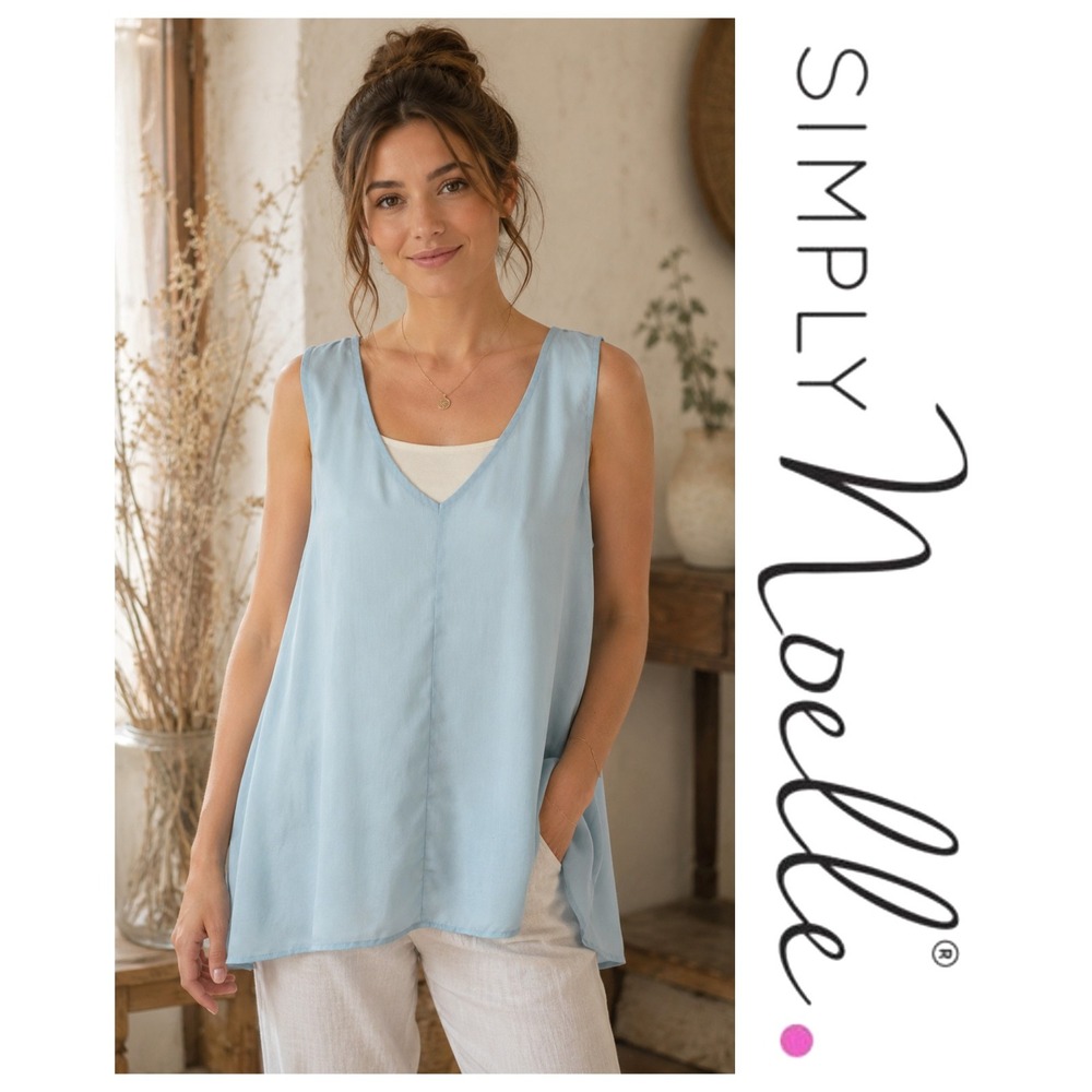 Simply Noelle Light Blue High Low Tie Back Sleeveless Lagenlook Blouse Top L/XL